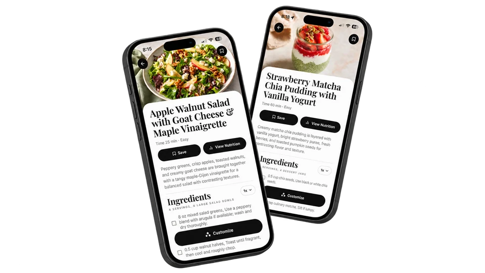 Whisk recipe detail screens showing an apple walnut salad and strawberry matcha chia pudding